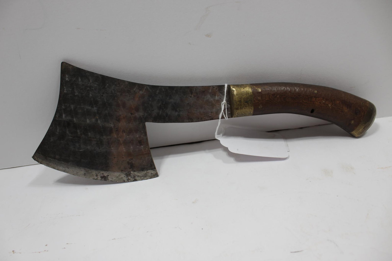 SWIRL BLADE FIRE FIGHTER HATCHET: EARLY WOOD HANDLE WITH BRASS. 13 INCH LONG