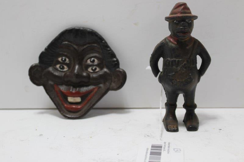 CAST IRON GIVE ME A PENNY BANK & DOUBLE EYED ASHTRAY: CAST IRON BANK IS 5.5 INCHES TALL WHILE ASHTRAY IS 5 X 4.5