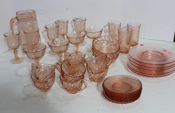 LOT OF PINK DEPRESSION WATER SET AND DISHES (1 of 7)
