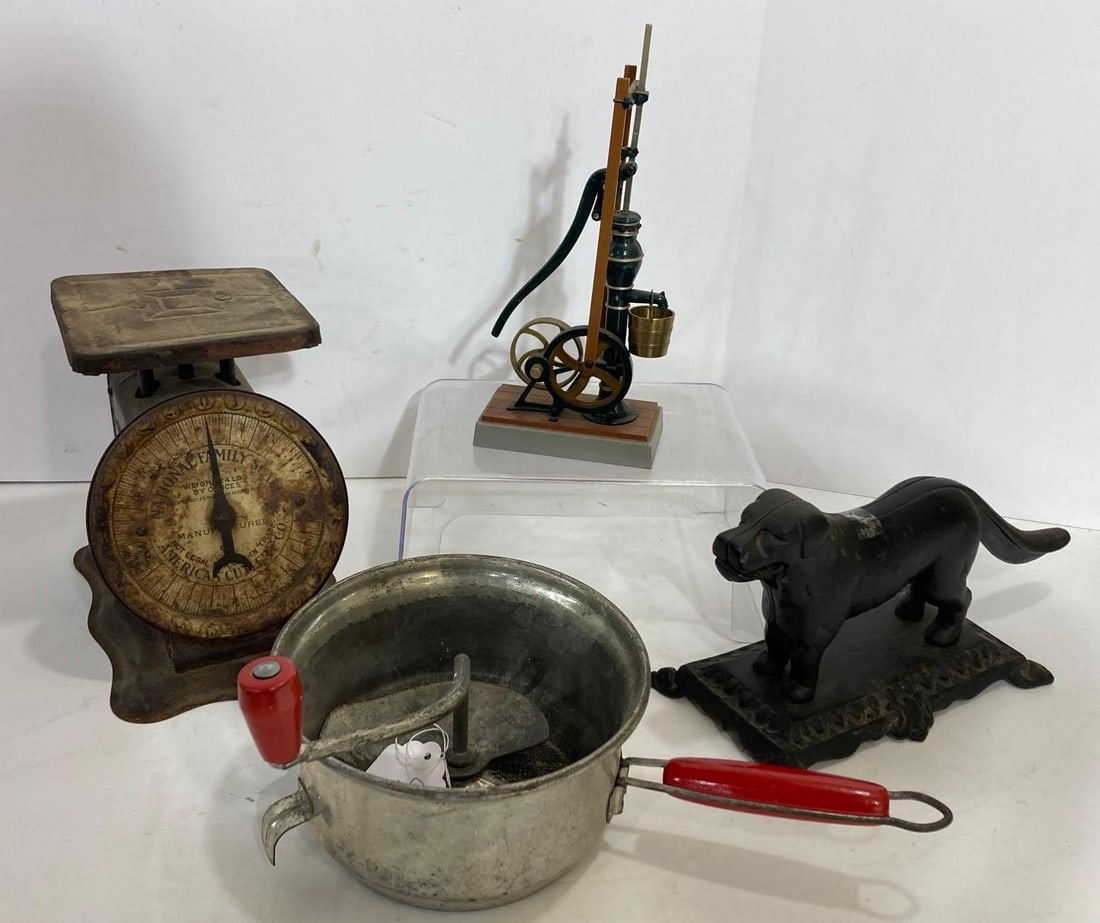 CAST IRON NUTCRACKER, FAMILY SCALE, SIFTER AND ERTL PUMP (1 of 5)