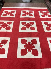 Tan and Red Civil War Era Handstitched Quilt