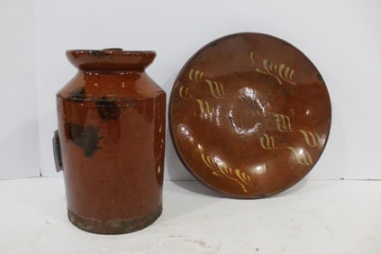 Early 1800s Redware Urn and DIsh