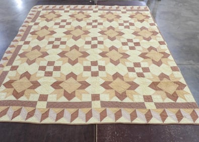 Star Pattern Yellow and Tan Hand Stitched Quilt