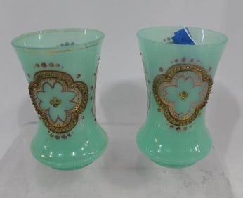 19th Century French Opaline Uranium Gilt and Bead Vases