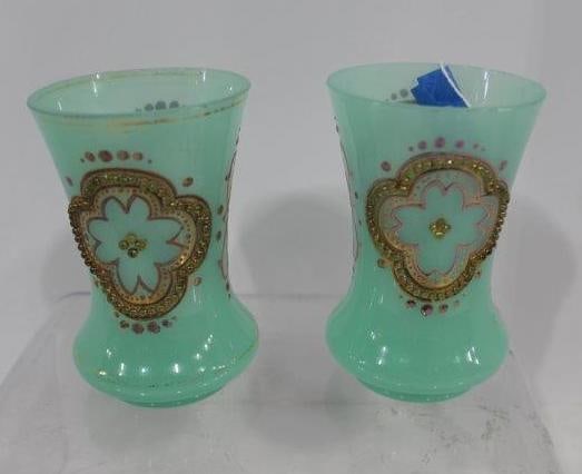 19th Century French Opaline Uranium Gilt and Bead Vases: Matching hand painted pair. Each is 4.5 inches tall . No chips or cracks.