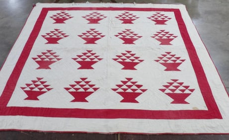 Red and White Basket Patterned Hand Stitched Quilt