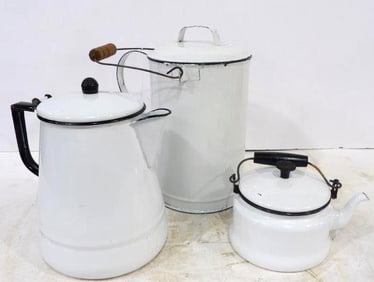 Enamel Kettle, Pot and Lidded Canister
