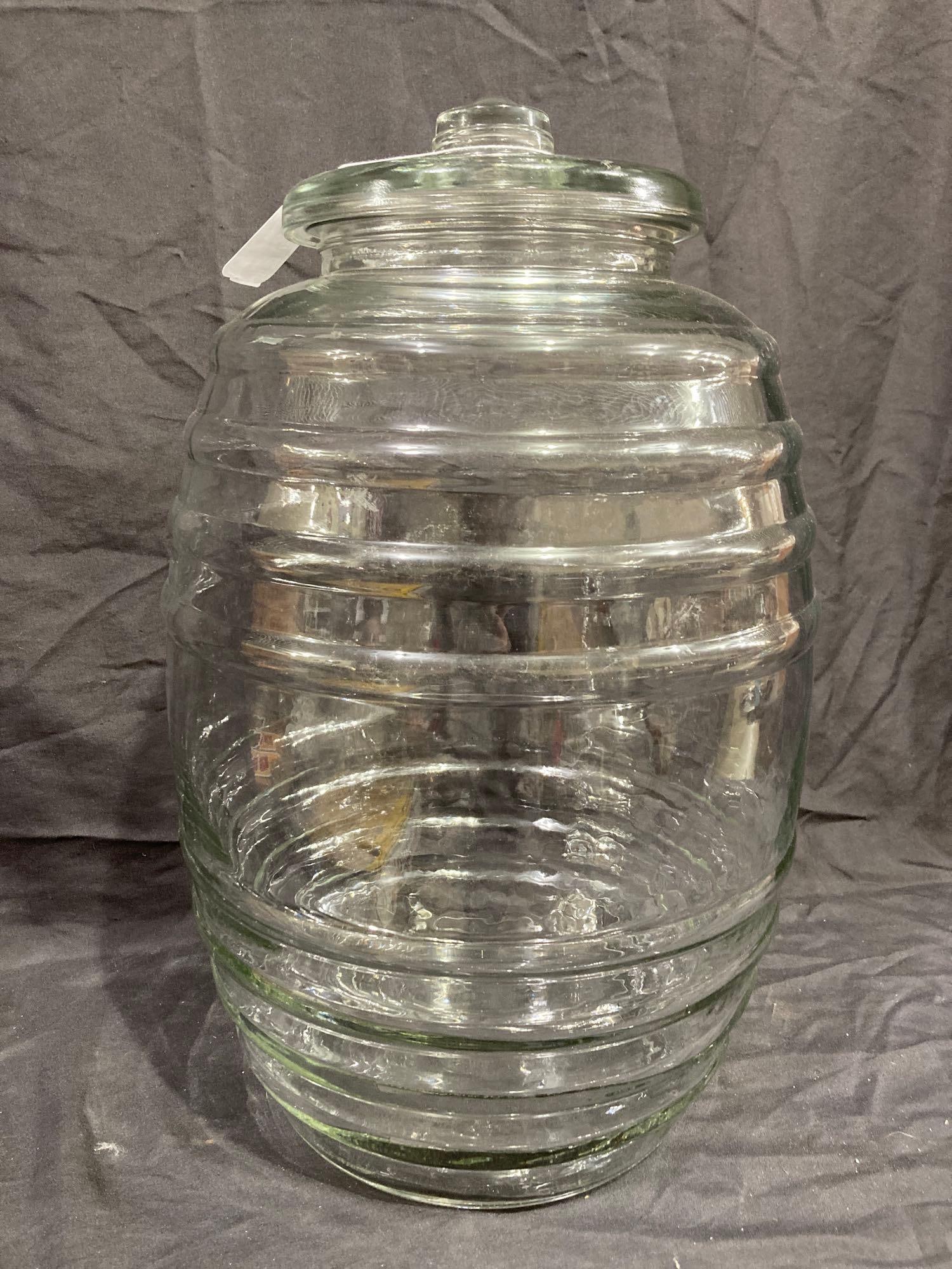 Large Country Store Glass Jar: No major chips or cracks, approx. 18 in tall