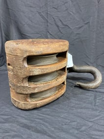 Large triple wooden pulley