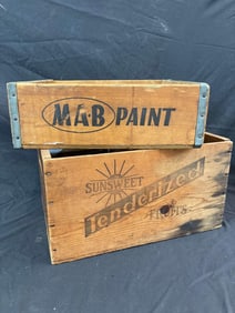 Sunsweet prunes box and M.A.B. paint crate