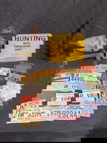 Wooden duck decoy, tin sign and hunting license