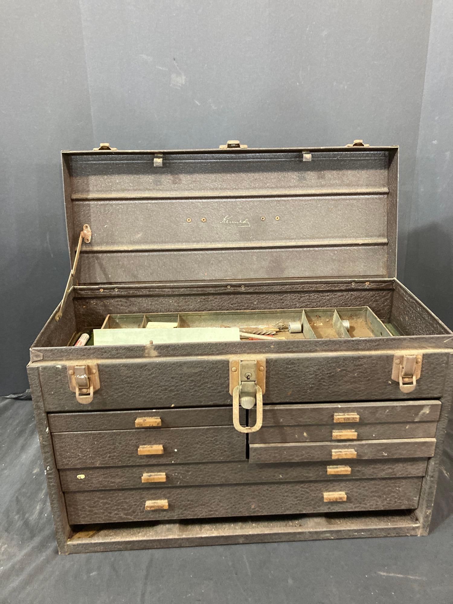 Kennedy Machinist Chest Loaded with Tools: Lots of misc gun repair supplies. 7 drawers are each loaded. Leather handle shows some cracking. 20 x 13 x 8.5