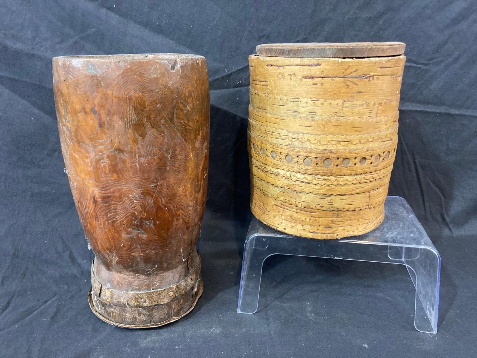 French detailed bark container and mortar: Mortar is 13in tall 6.5in dia, bark container is 8in tall 7in dia.