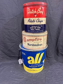 Mashmallow, chips and soap vintage tins