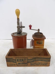 Crock Mixer, Cheese Box and Coffee Grinder