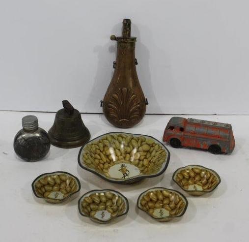 Mr. Peanut Dishes, Powder Horn, Bell and More: includes a five piece Mr. peanut nut dish set, small vintage fire truck, copper Powderhorn, 1878 brass, bell, and tin mini canteen