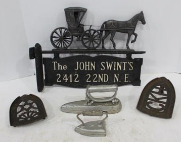 Sad Irons, Trivets, and Horse and Buggy Name Plaque