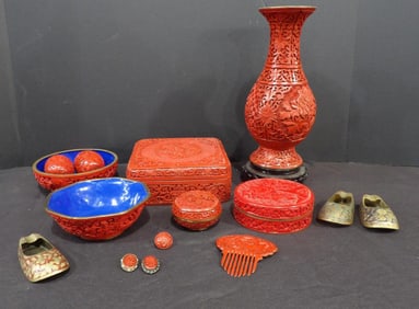 Chinese Red Lacquer Vessels and Brass Shoes