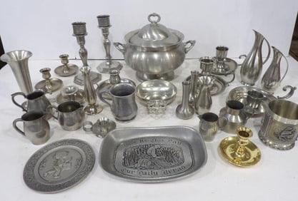 Pewter Serving Dishes and Candlesticks