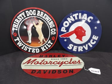 Harley Davidson, Thirsty Dog, and Pontiac Service Signs