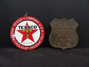 Cast Iron Route 66 and Porcelain Signs