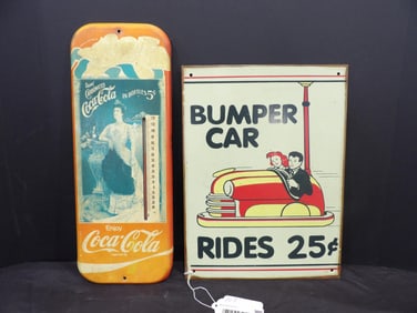 Bumper Cars Tin Sign and Coke Thermometer