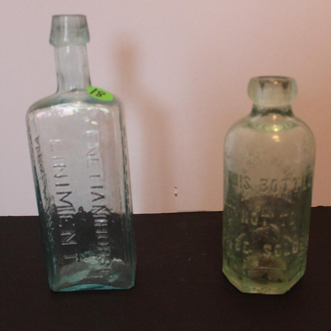 Venetian Horse Liniment and John Craf Glass Bottles: New York and Milwaukee Wis. 8 inches and 6.5 inches tall.