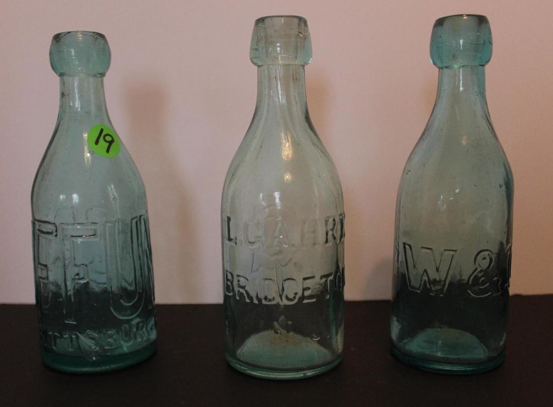 W.C, L.Hahre, & J.C. Buffum Blob Top Bottles: All bottles are handblown, and are in excellent condition. All are 7 inches tall.