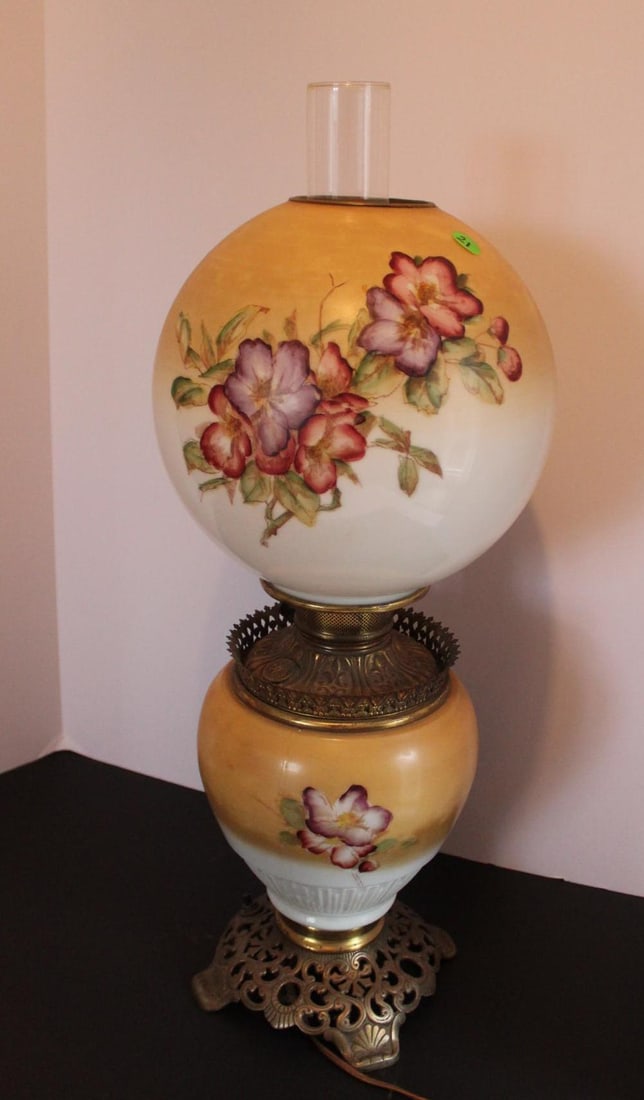 Victorian Hand Painted Globe Lamp: Brass lamp base with floral painted globe and body. Very nice condition, works well. 23 inches tall.