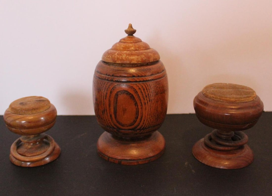 Hand Turned Pin Cushions and Lidded Dish: Both pin cushions are marked by maker- JC Brown of Painesville, Ohio2.75 and 3 inches tall. Lidded dish is 6 inches tall to the top of final
