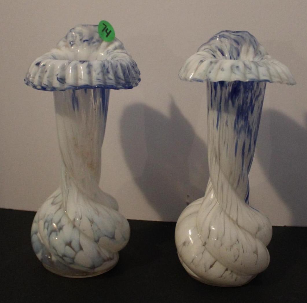 Jack in Pulpit Art Glass Vases: Hand blown twisted and crimped. Each with a speckled swirl and blue color. 8 inches tall