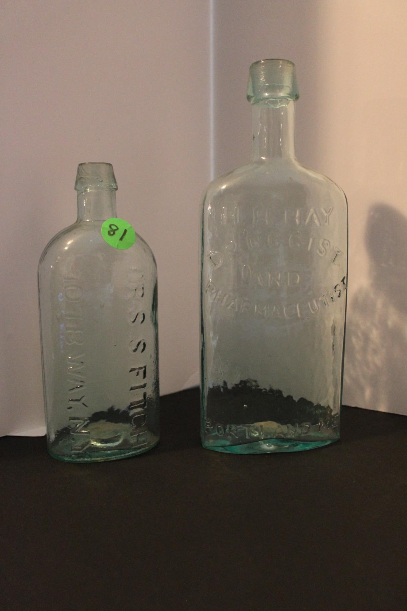 Dr. S.S. Fitch & H.H. Hay Druggist and Pharmaceutical Bottles: Both are in excellent condition. Dr. Firch bottle reads 707 B. Way NY and is 6.5 inches tall. H.H.Hay druggist bottle is marked Portland ME. 8.5 inches tall Both bottles are embossed.