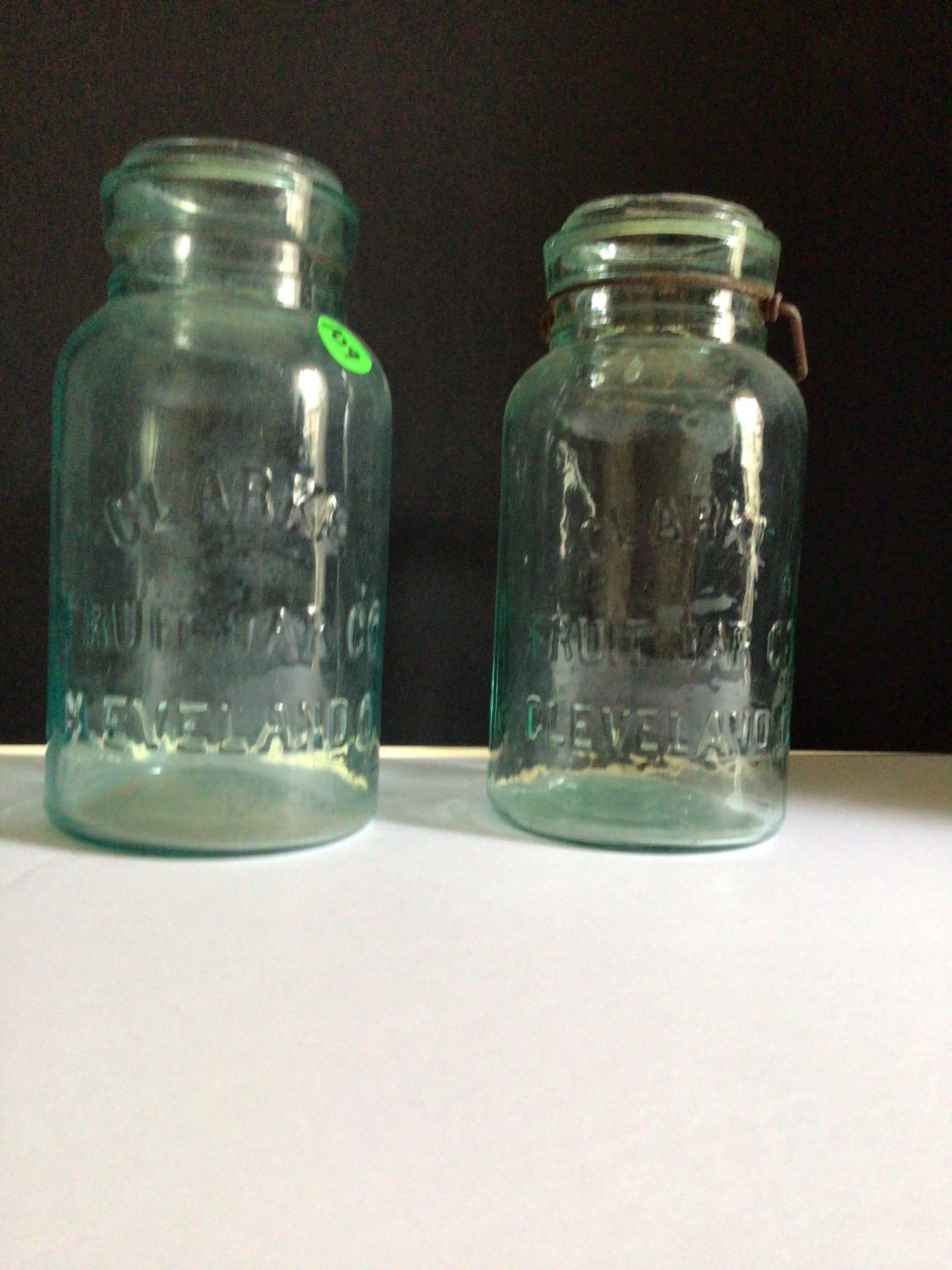 Clarke Cleveland, O Blue Glass Fruit Jar: Pair of jars, no lids bottoms marked 66 and 65