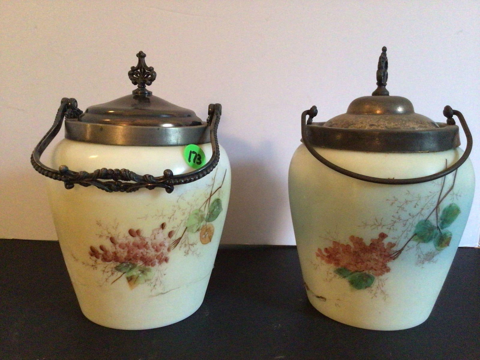 Pair of Biscuit Jars: Both are lidded and approx 8 inches tall