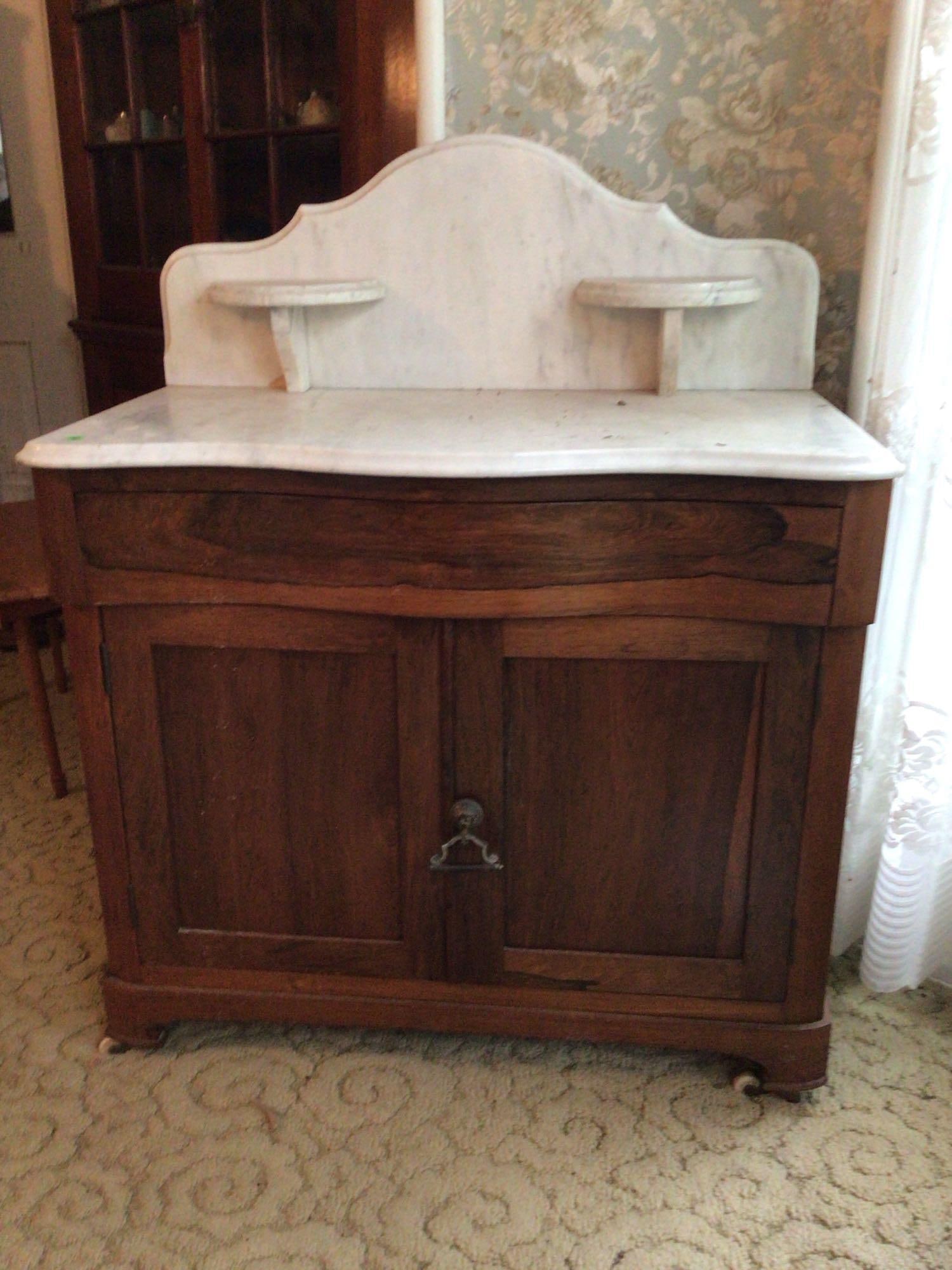 Marble Top Wash Stand: 33 17 x 41. one drawer.
