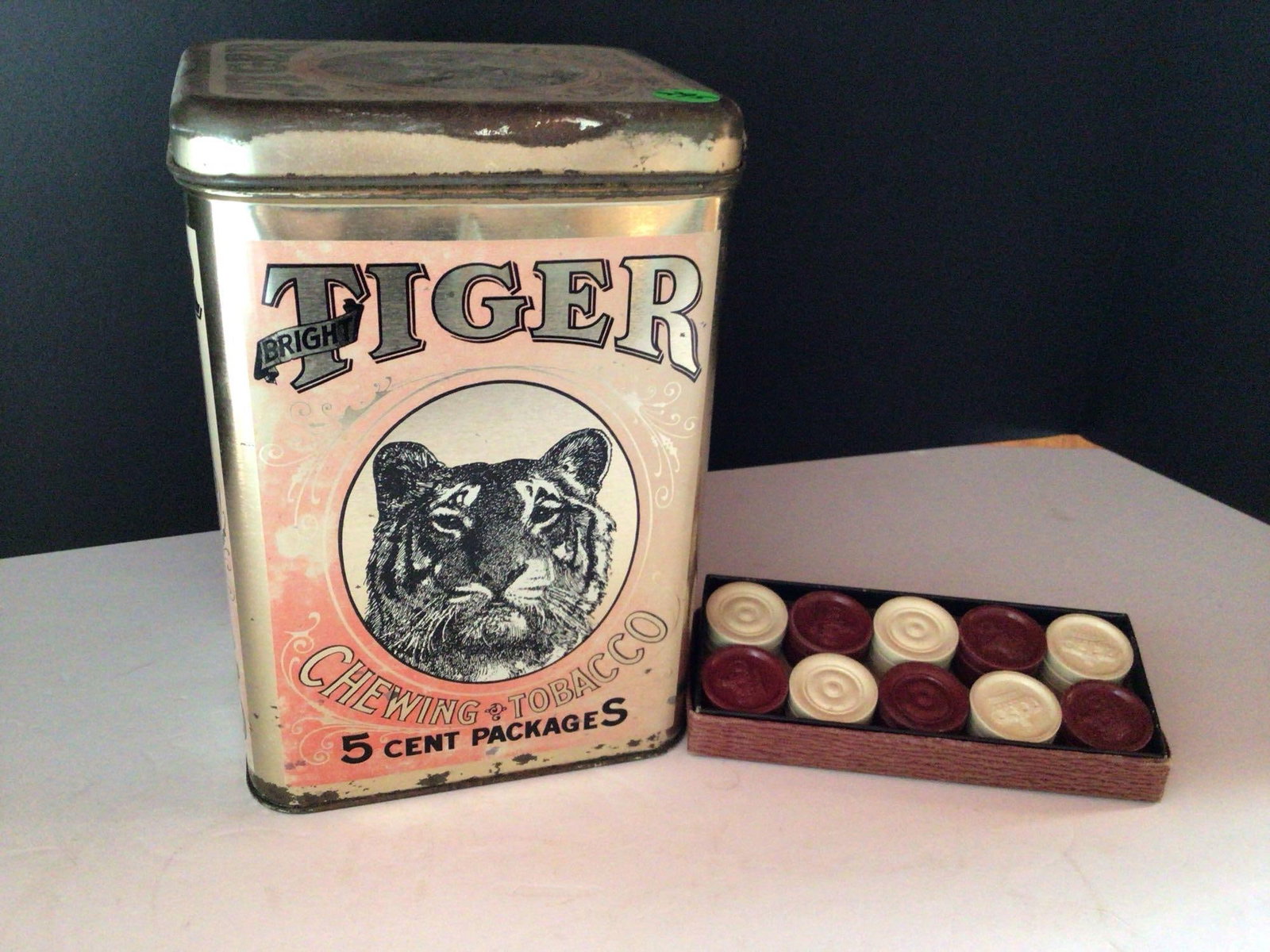 Tiger tin & Checker chips: .