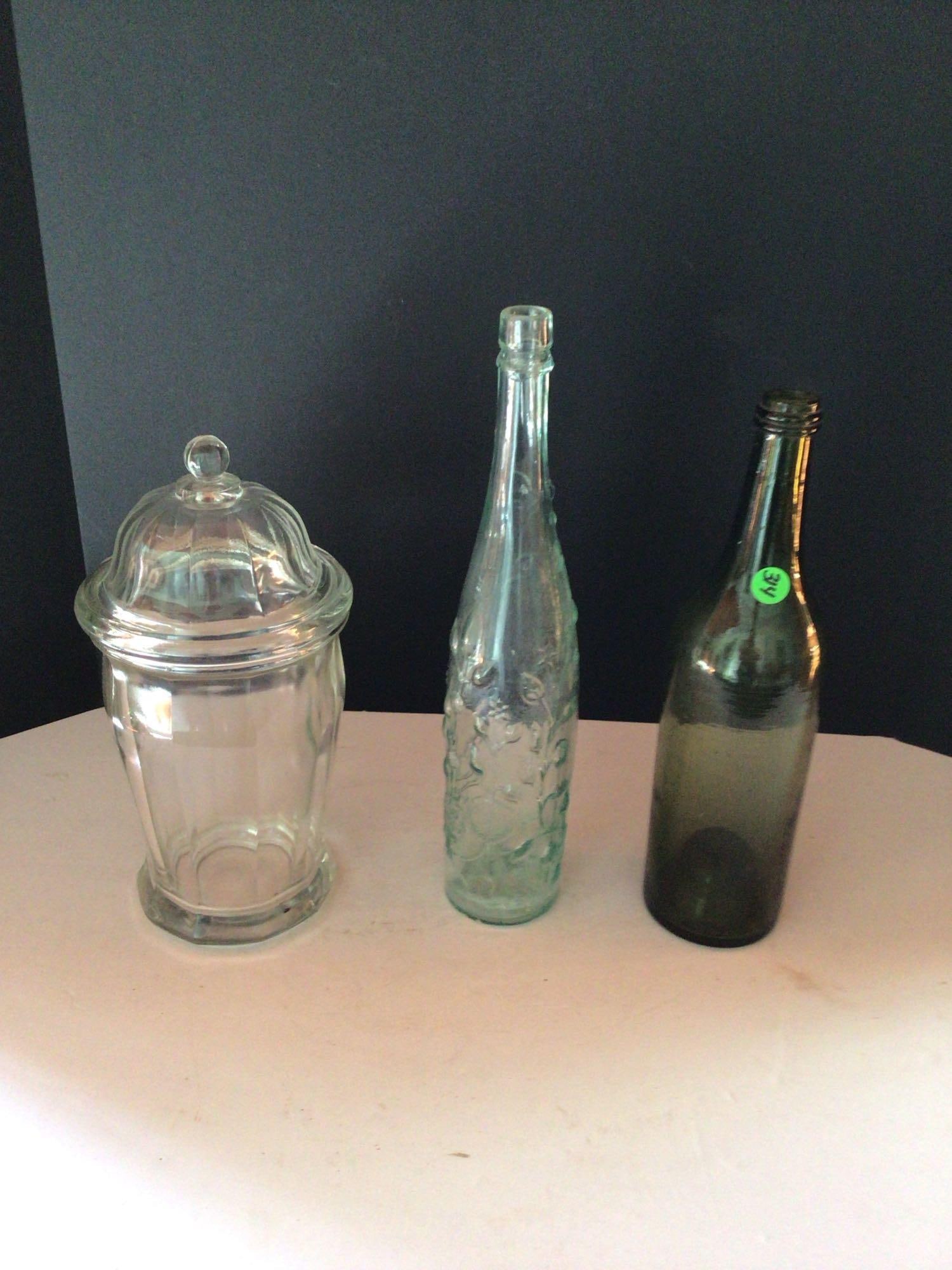 Decagon Glass Apothecary jar, L. Rose & Co. and green bottle: Apothecary is 11.5in tall, heavily embossed L. Rose bottle is 14.25in tall, green is 12.75in.