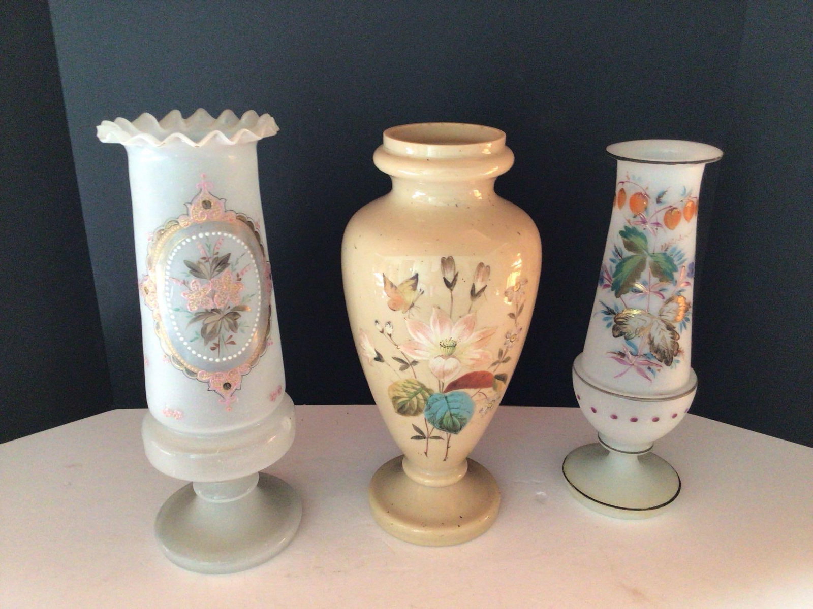 2-Bristol Glass vases & hand-painted vase: 12 and 13in tall.