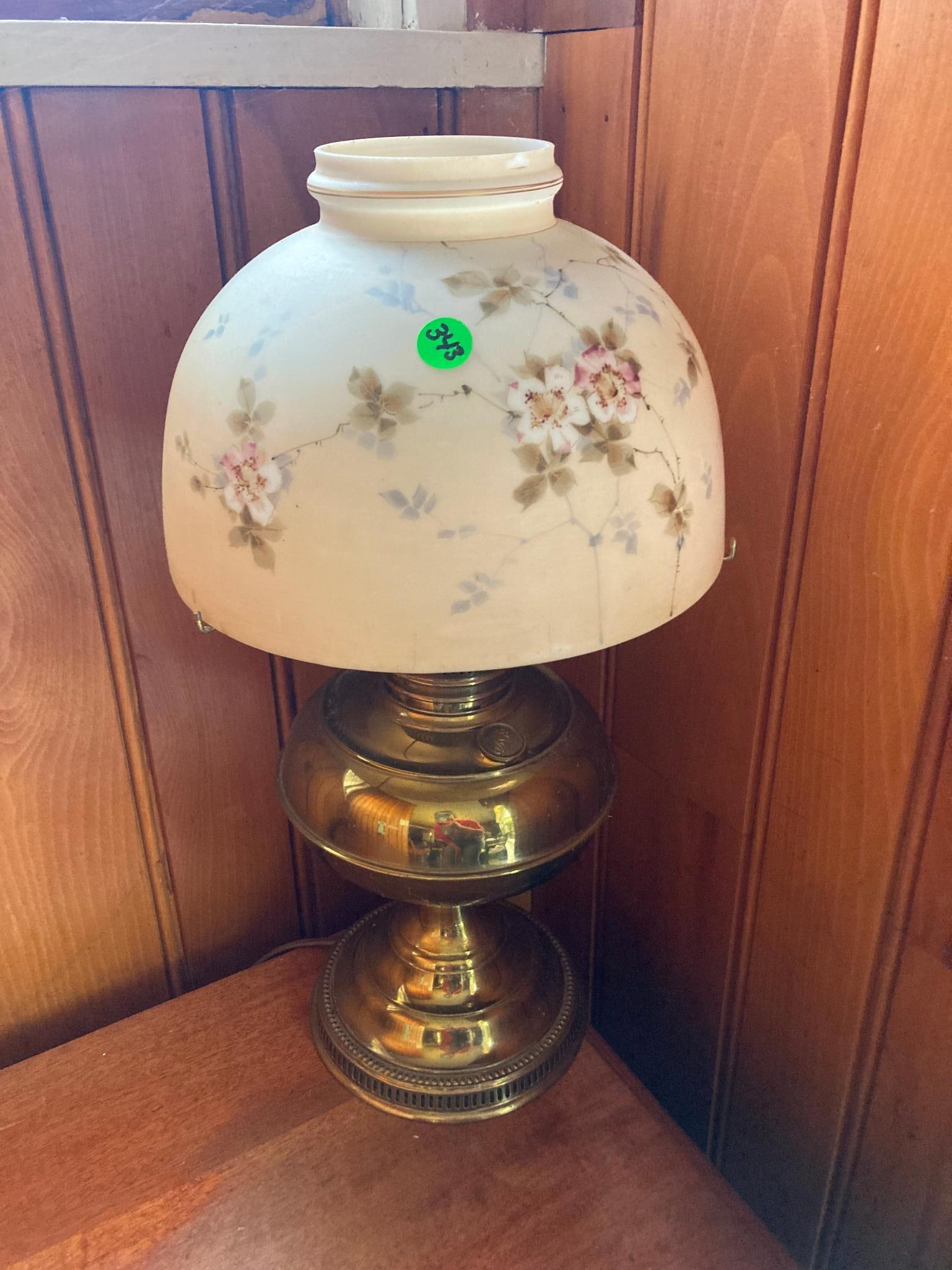 Handpainted Brass Lamp: Converted oil lamp to electric. 19 inches tall