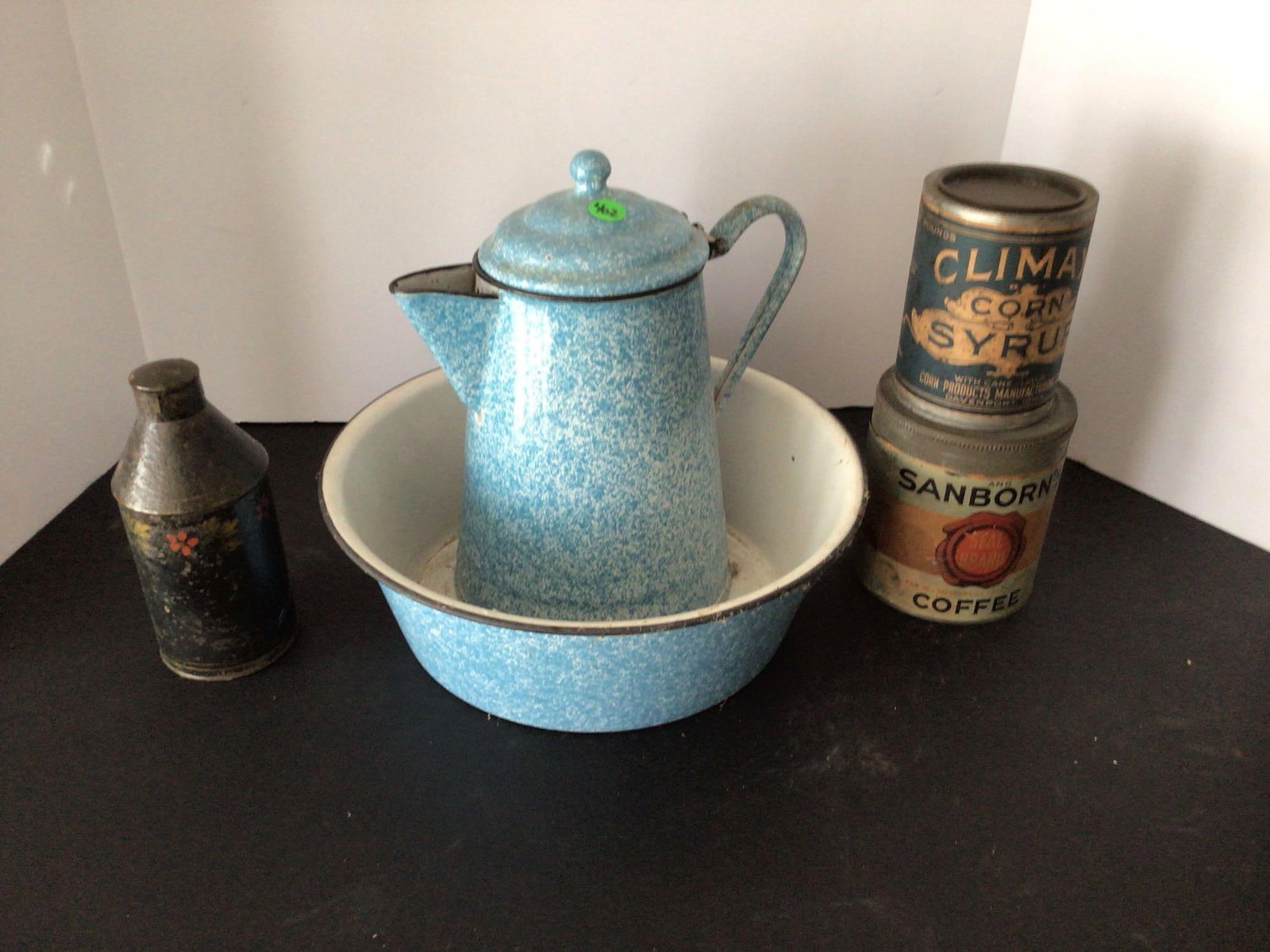 Blue Swirl Enamel Ware & Tins: Includes paper label Climax corn syrup and Chase & Sanborns coffee tins. Enamel ware may have some minor chipping.