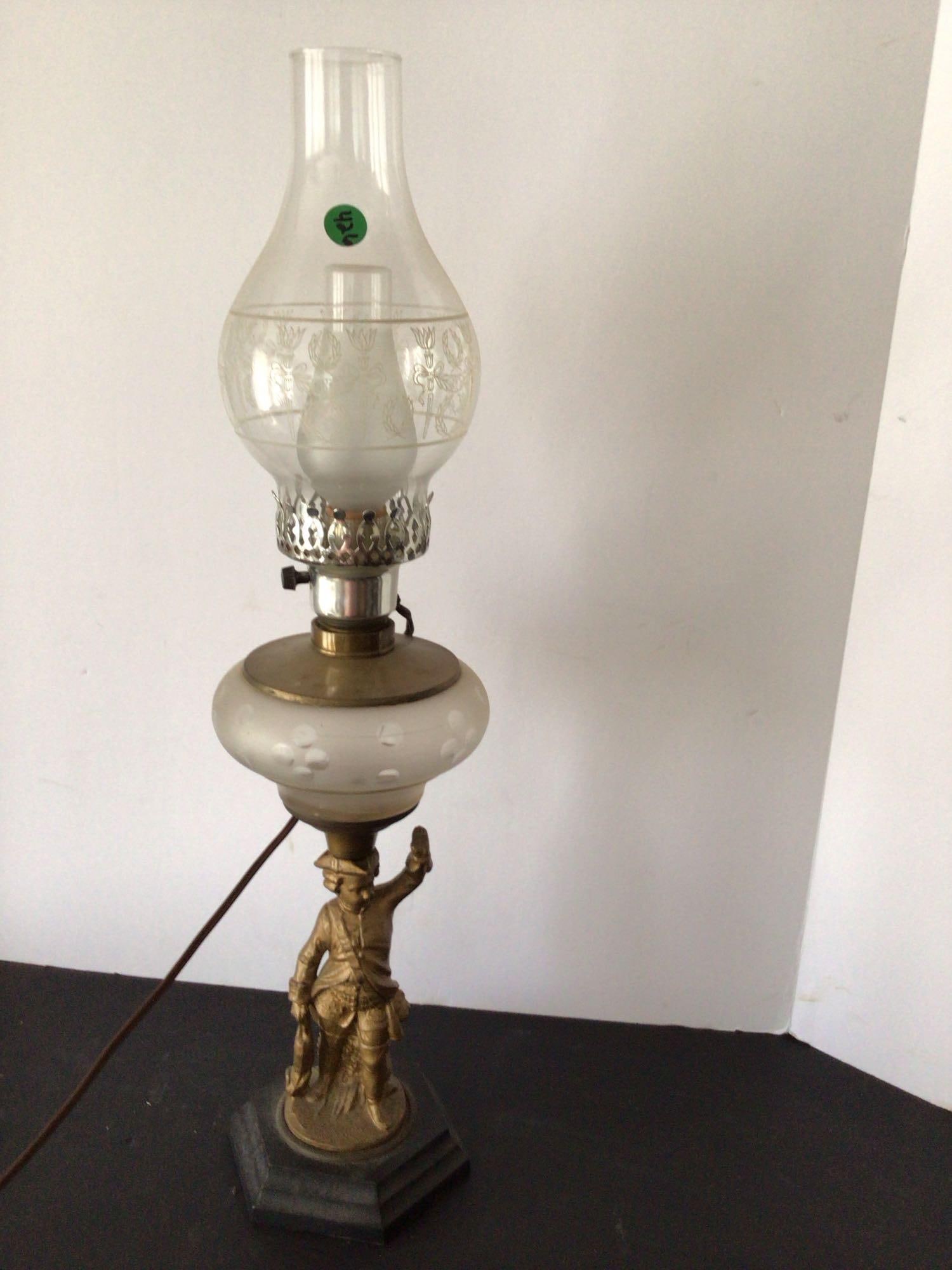 Figural Child Oil/Electric Lamp: Converted to electric. 24 inches to top of chimney