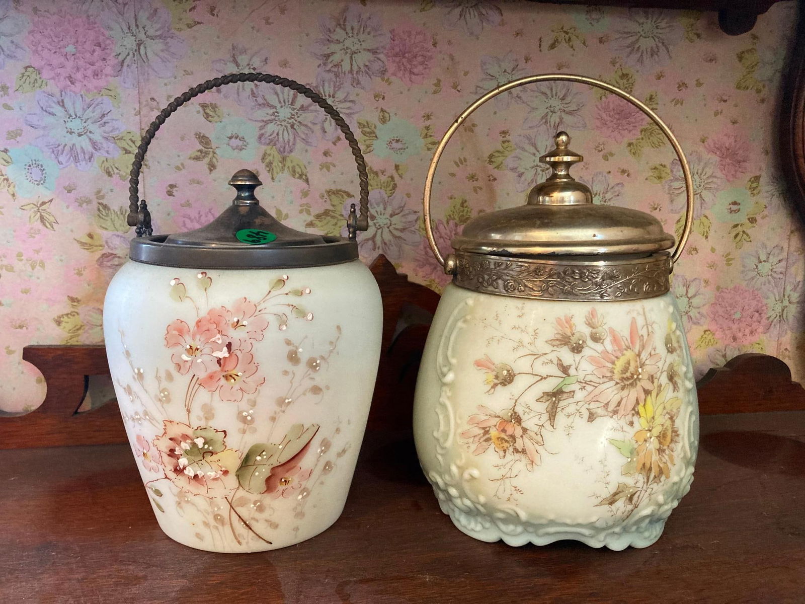 Pair of Biscuit Jars: Both are lided and approx 6 and 7 inches tall