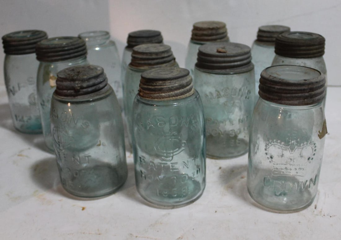 11-Early blue Mason & 1-Crown pint jars: .