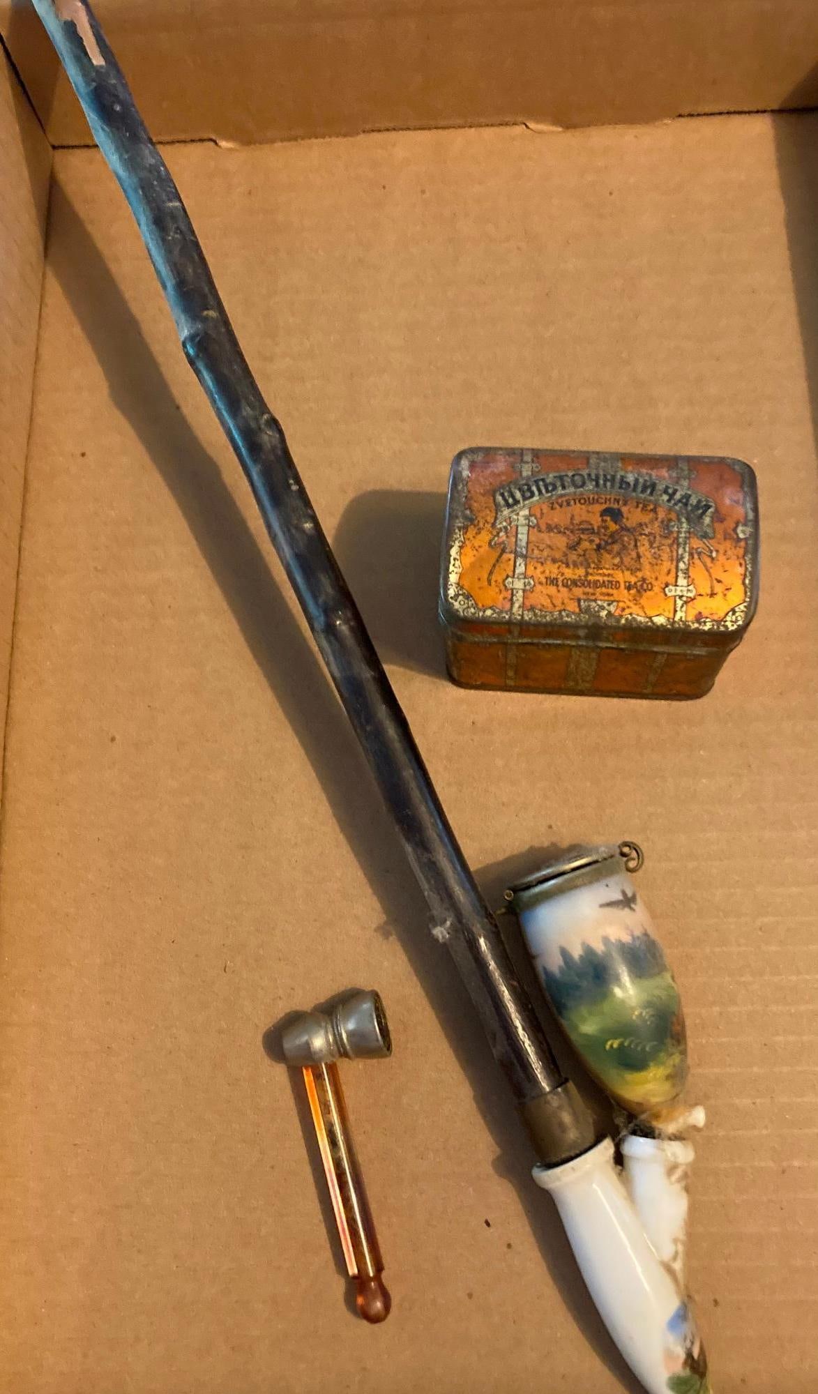 Smoking Pipes and Tea Tin: Long pipe is marked Nfusilber