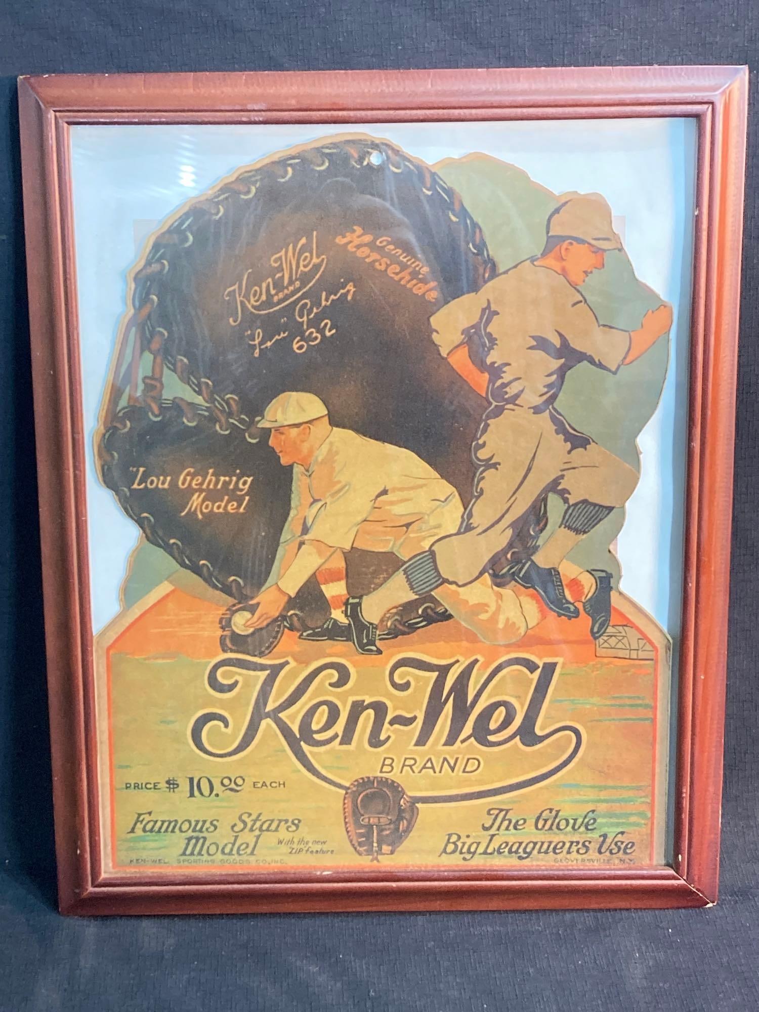 KENWEL BASEBALL GLOVE CARDBOARD ADVERTISEMENT: VERY NICE CONDITION, NO BENDS OR FOLDS, FRAME IS 15X12 IN