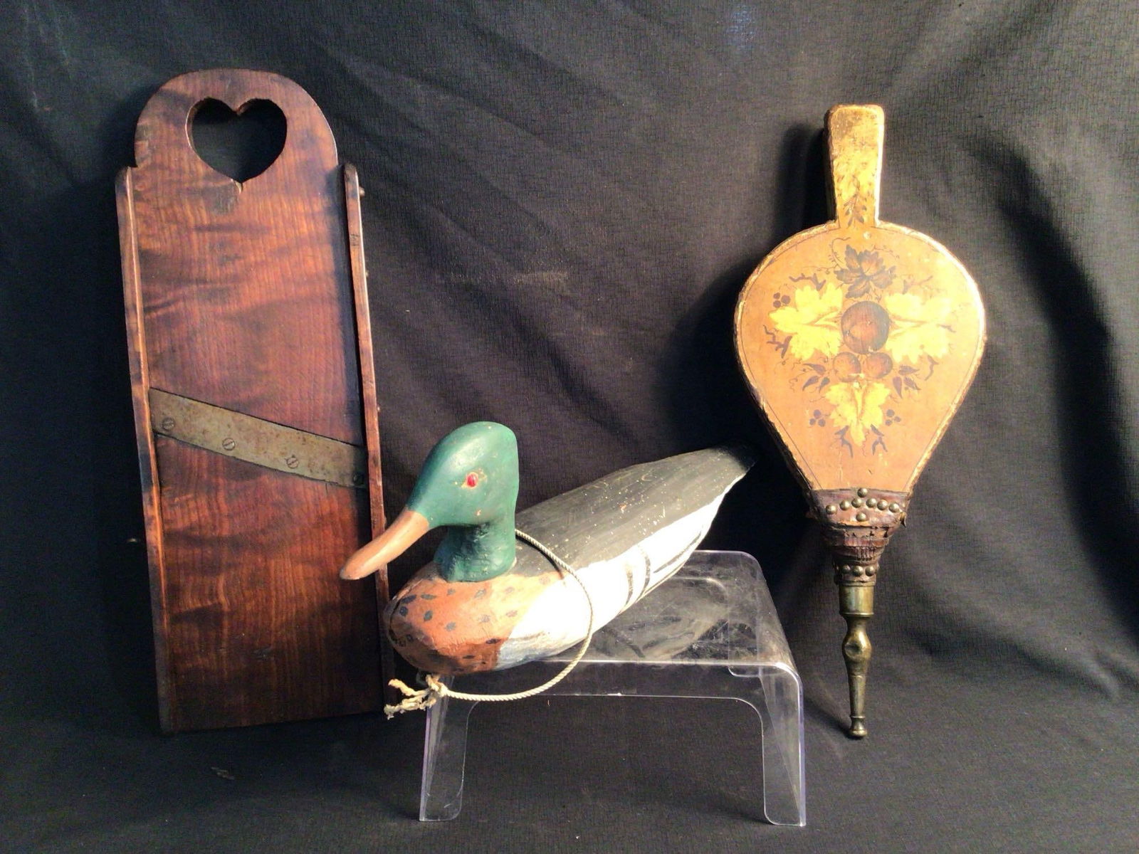 Painted Duck Decoy, Bellows, & Slicer: lot of 3 primitives. Decoy is 16 inches long