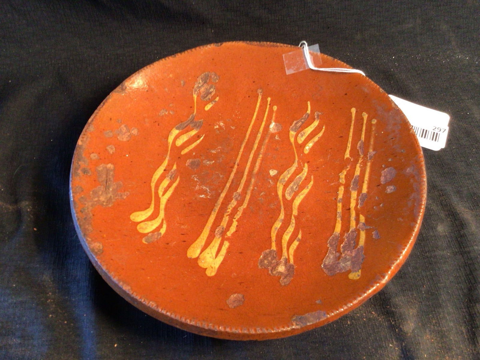 Redware Glazed Dish: Some spotting and chipping throughout. No major cracks. 10 in diameter