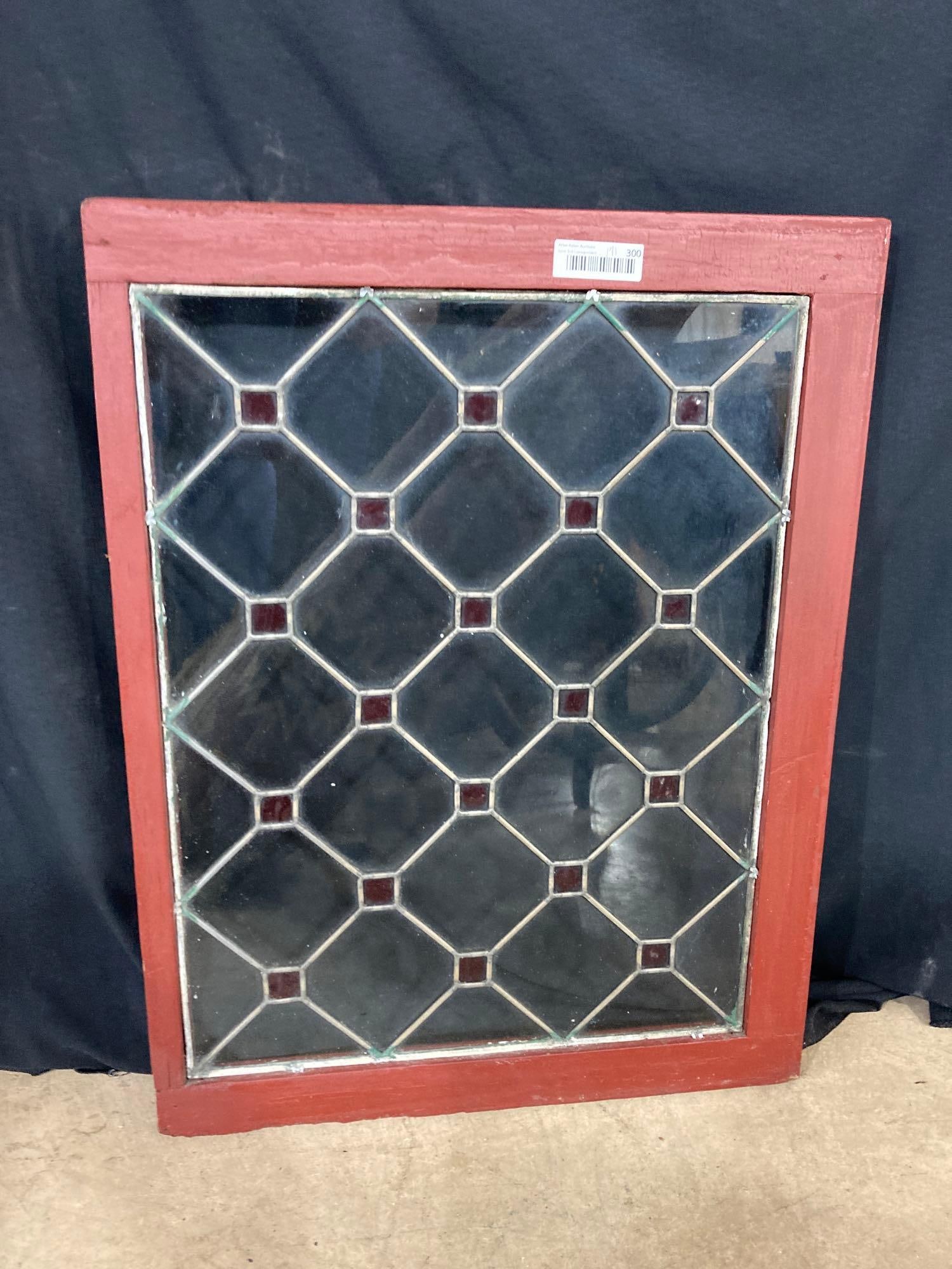 Leaded Glass Painted WIndow: Clear and red glass, 31 x 23