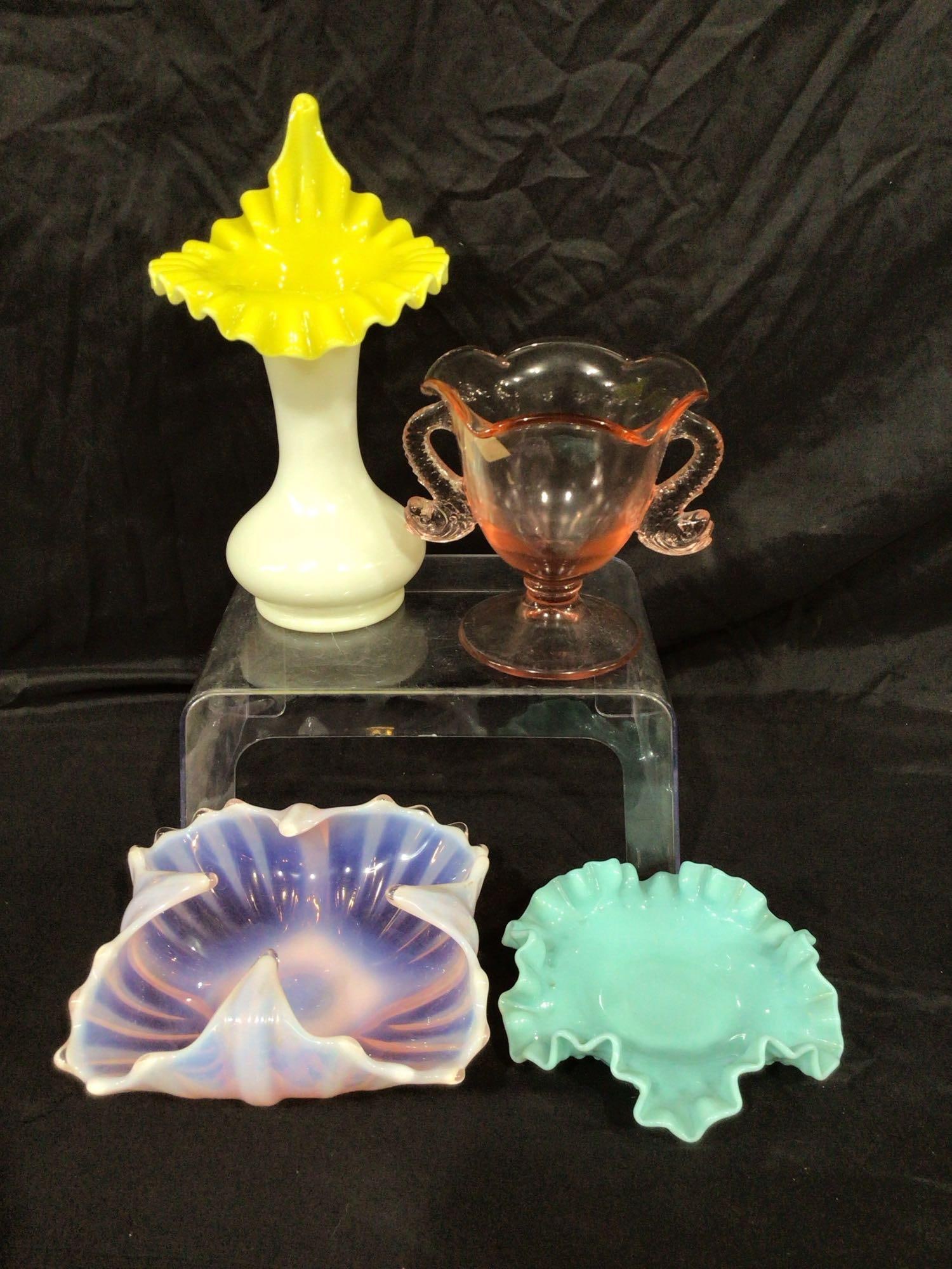 Fenton Dolphin Vase, Vase and Candy Dishes: lot of 4, all are in good condition.
