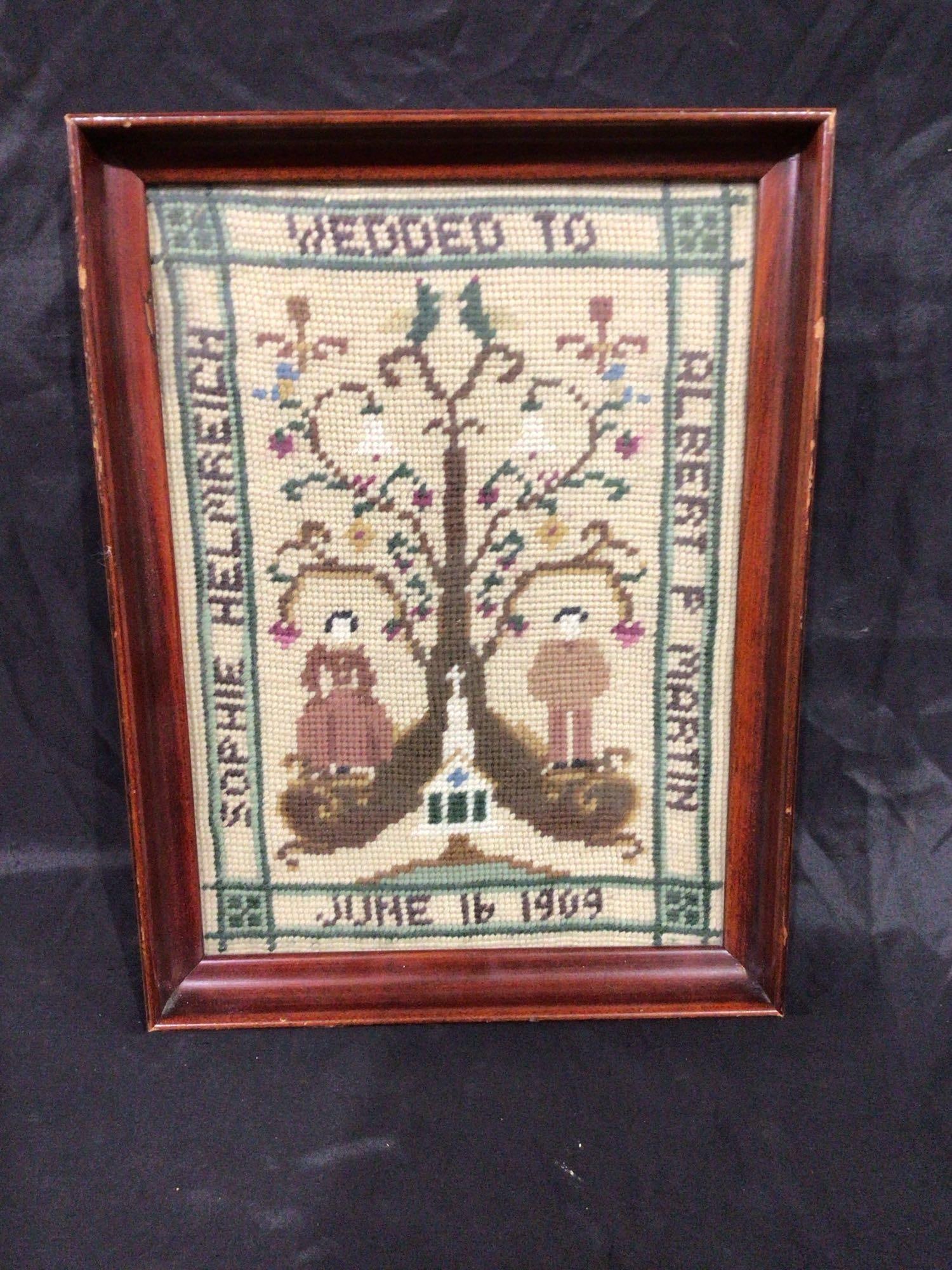 Framed 1909 Wedding Sampler Sophie Helmreich to Albert Martin: 10 x 13